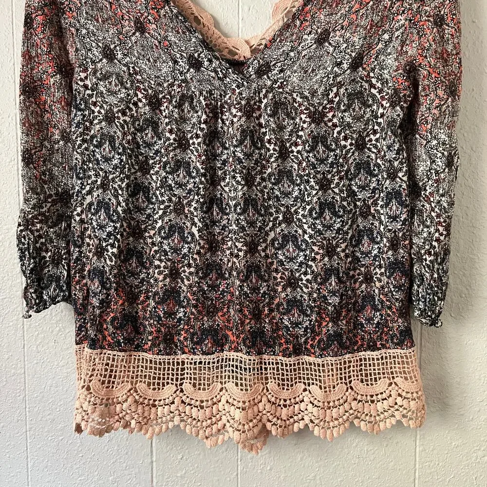 Self Esteem Lace Floral 3/4 Sleeve Top Womens Small Flowy Fairy Boho Cottage